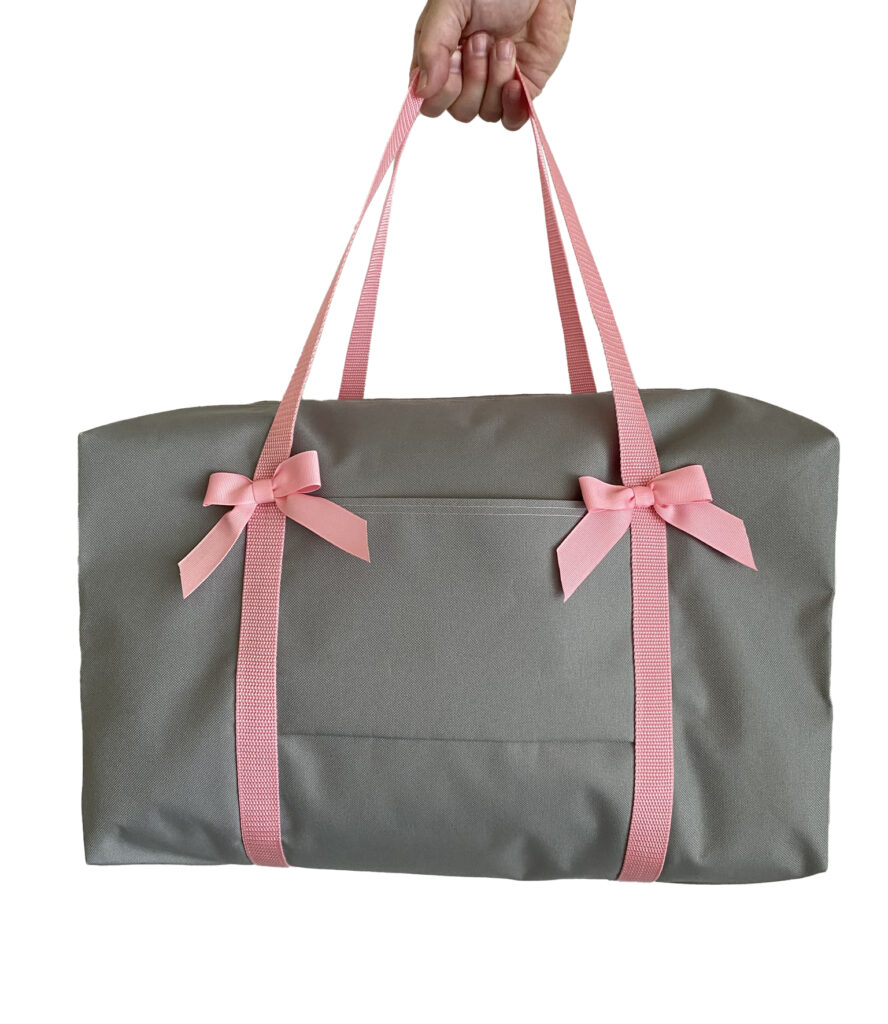 Large Duffel - Gray with pink webbing and bows